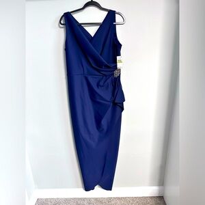 Alex Evenings 14 Long Formal Evening Dress Navy Ruched Side Slimming Wedding